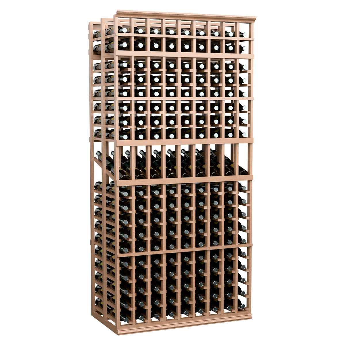 Light wood wine display rack with two deep rows of bottle slots, front grid and frame