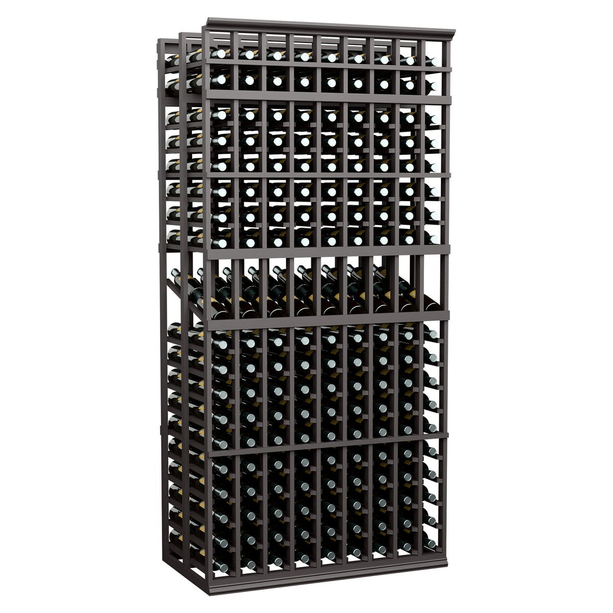 Dark wine display rack with two deep rows of bottle slots and front grid frame