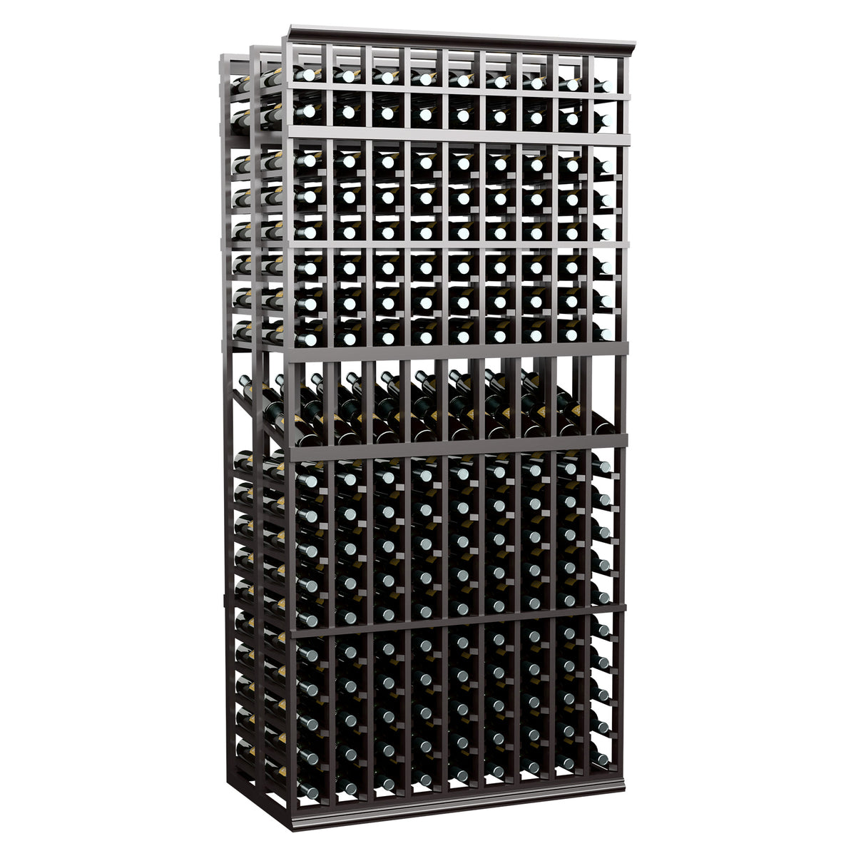 Dark wine display rack with two deep rows of bottle slots and square grid front