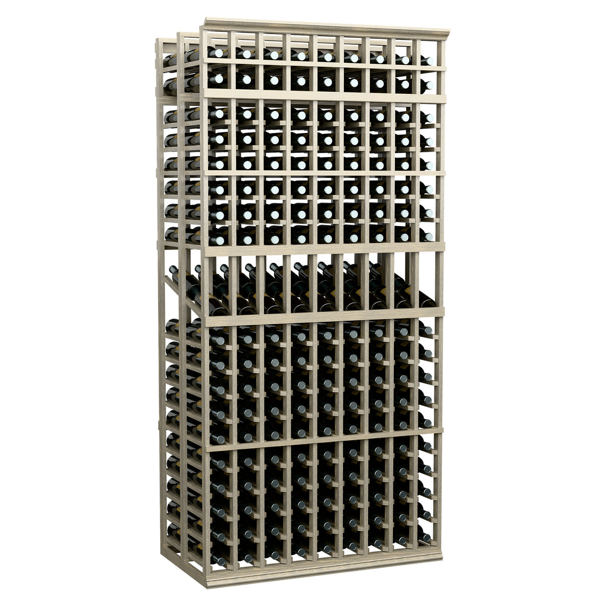 Front-facing 9-column double-deep wine display rack, white frame with grid bottle holders