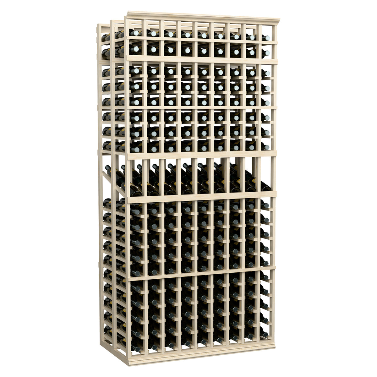 Tall 9-column double-deep wine rack with white frame, front bottle rows and grid holders