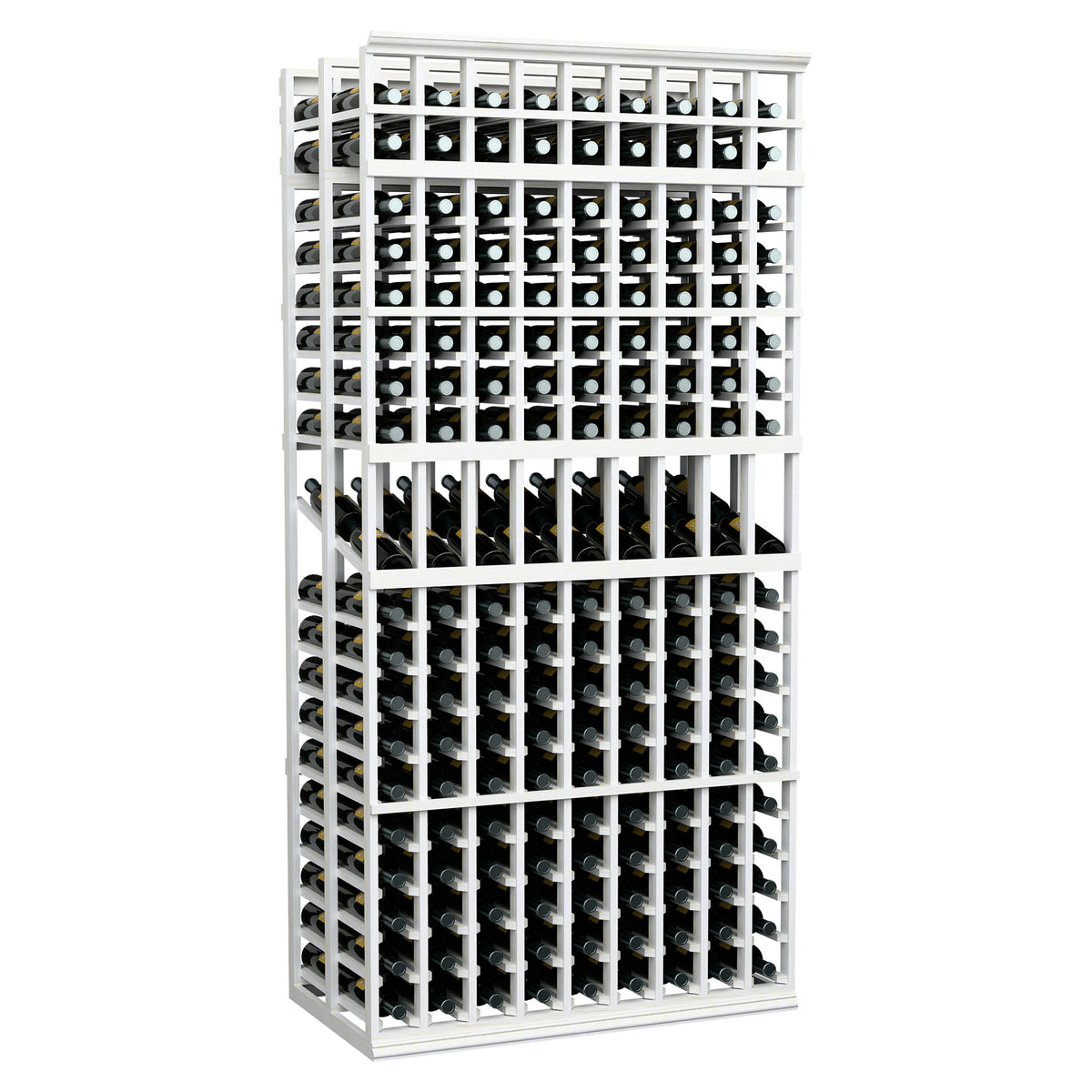 9-column double-deep wine display rack with white wood frame and stacked bottle slots