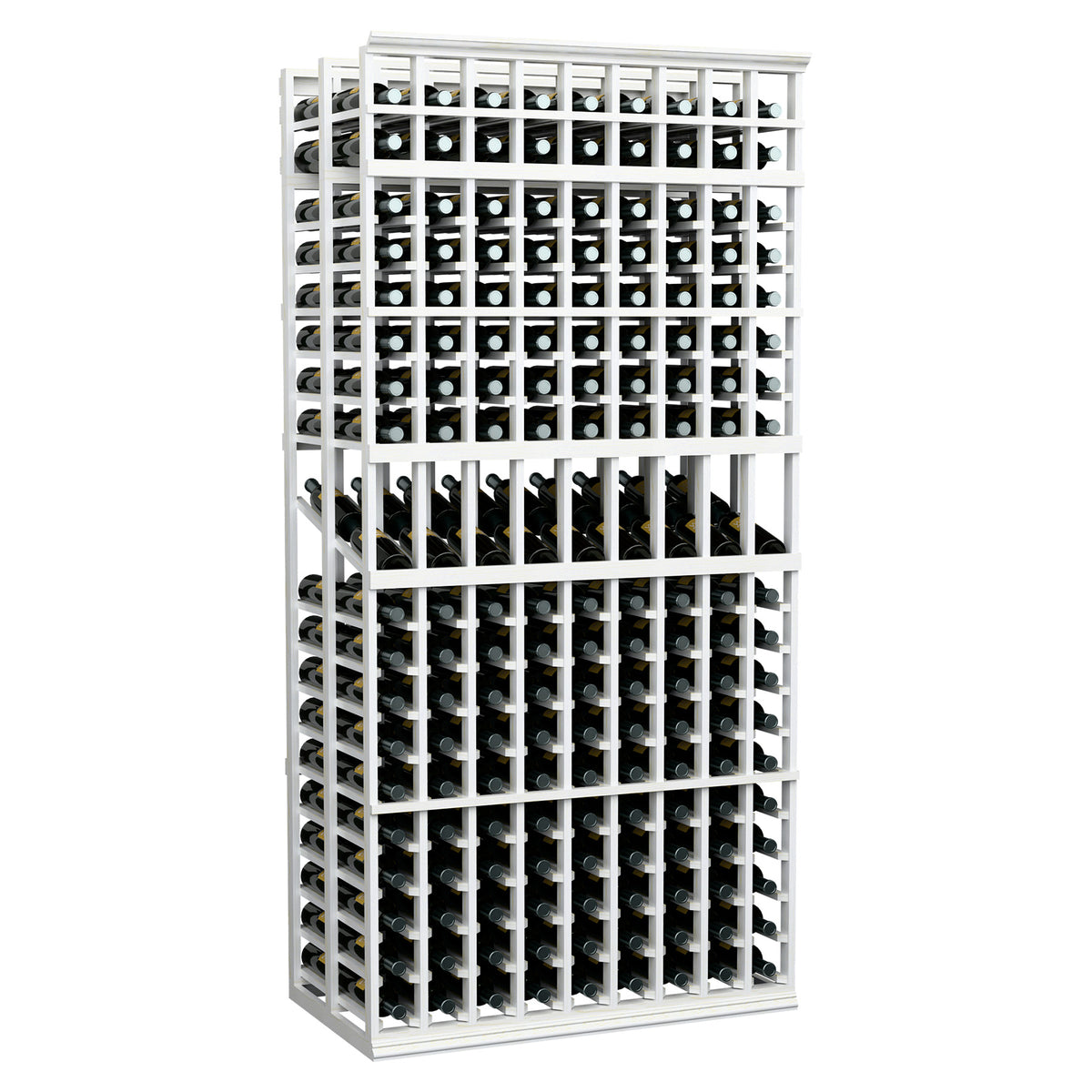 Front-facing 9-column double-deep wine display rack, white frame with bottle row grid