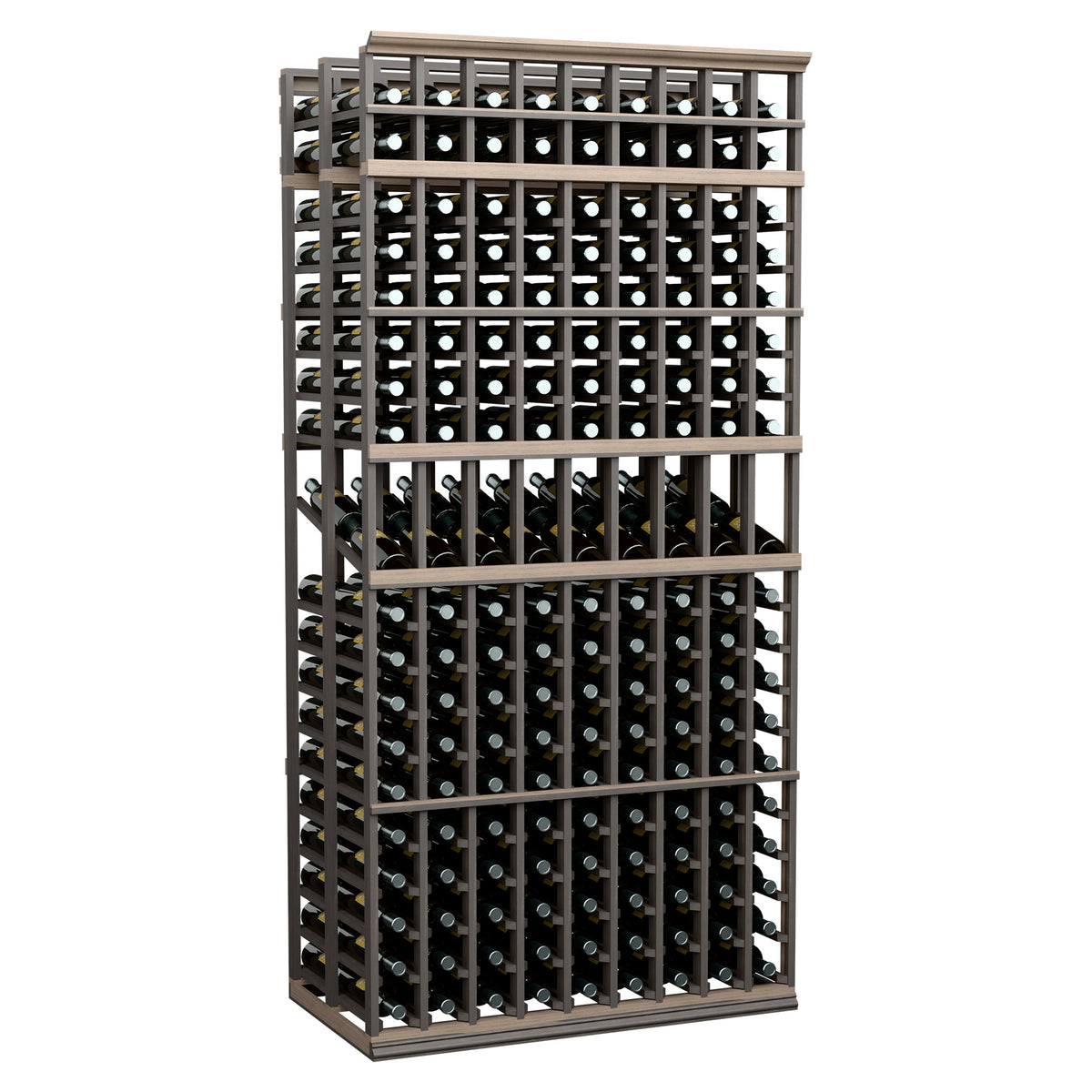 9-column double-deep display rack, dark wood frame with bottle slots, 7 ft
