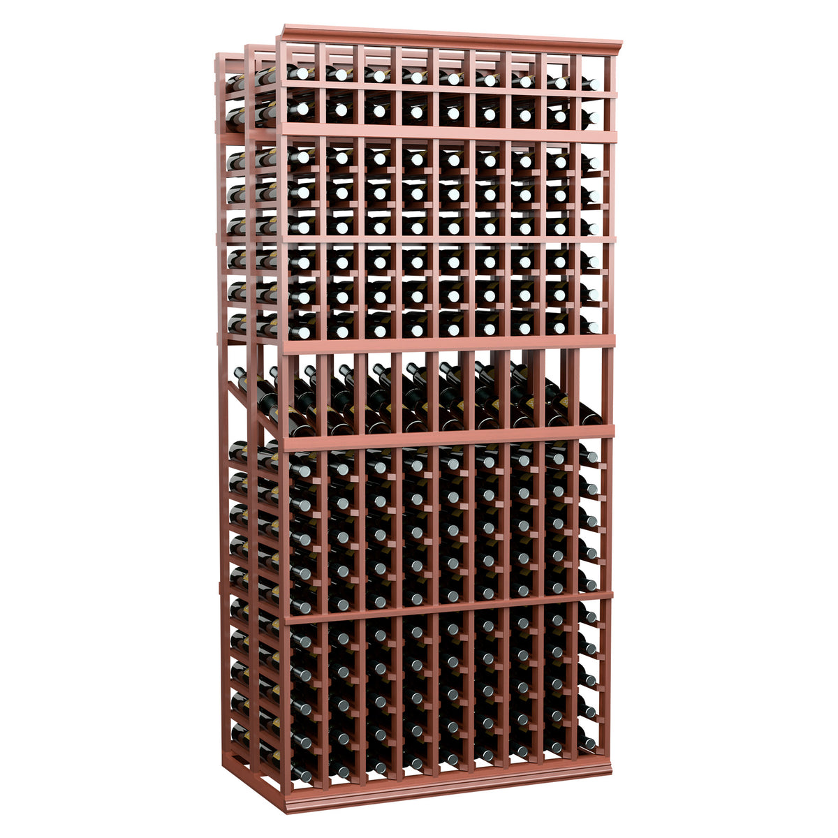 9-column double-deep display rack, reddish wood frame with bottle slots, 7 ft