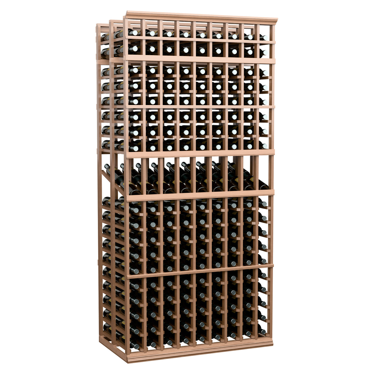9-column double-deep display rack, light wood frame with bottle slots, 7 ft