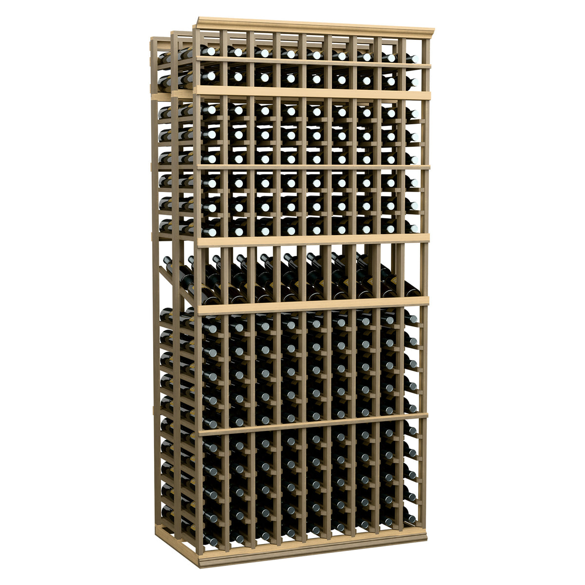 9-column double-deep display rack, light wood frame with bottle slots, 7 ft