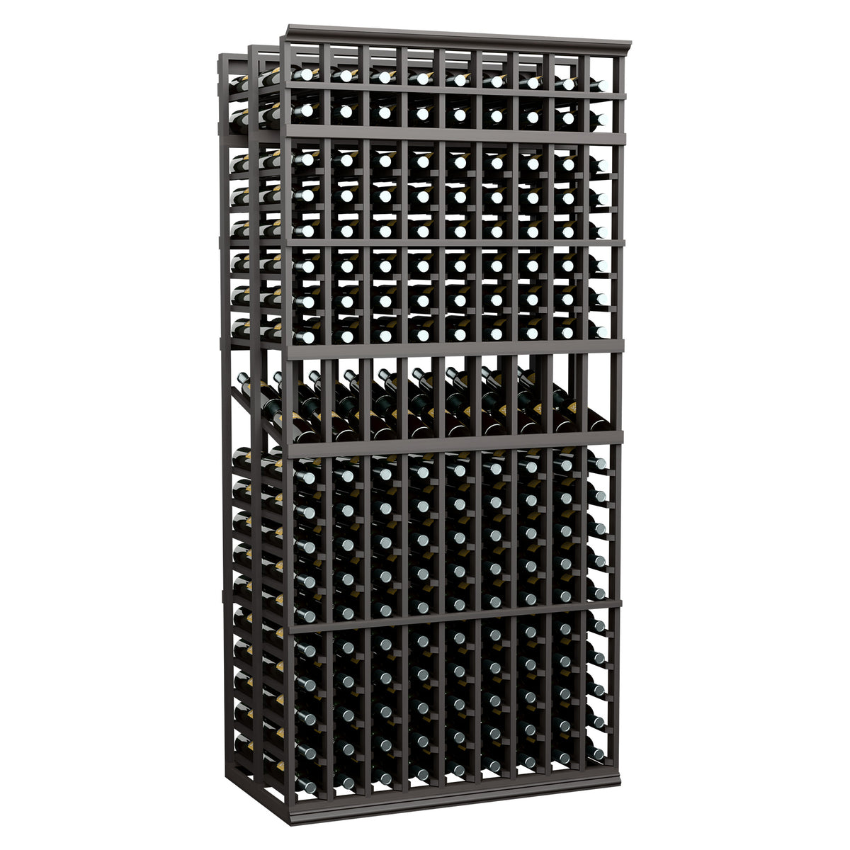9-column double-deep display rack, dark wood frame with bottle slots, 7 ft