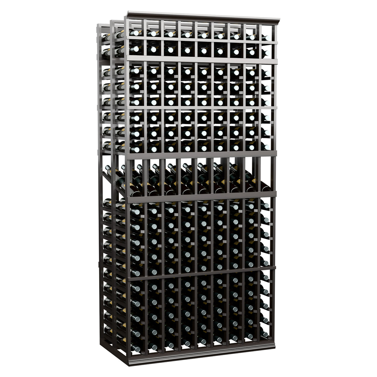 9-column double-deep display rack, dark wood frame with bottle slots, 7 ft