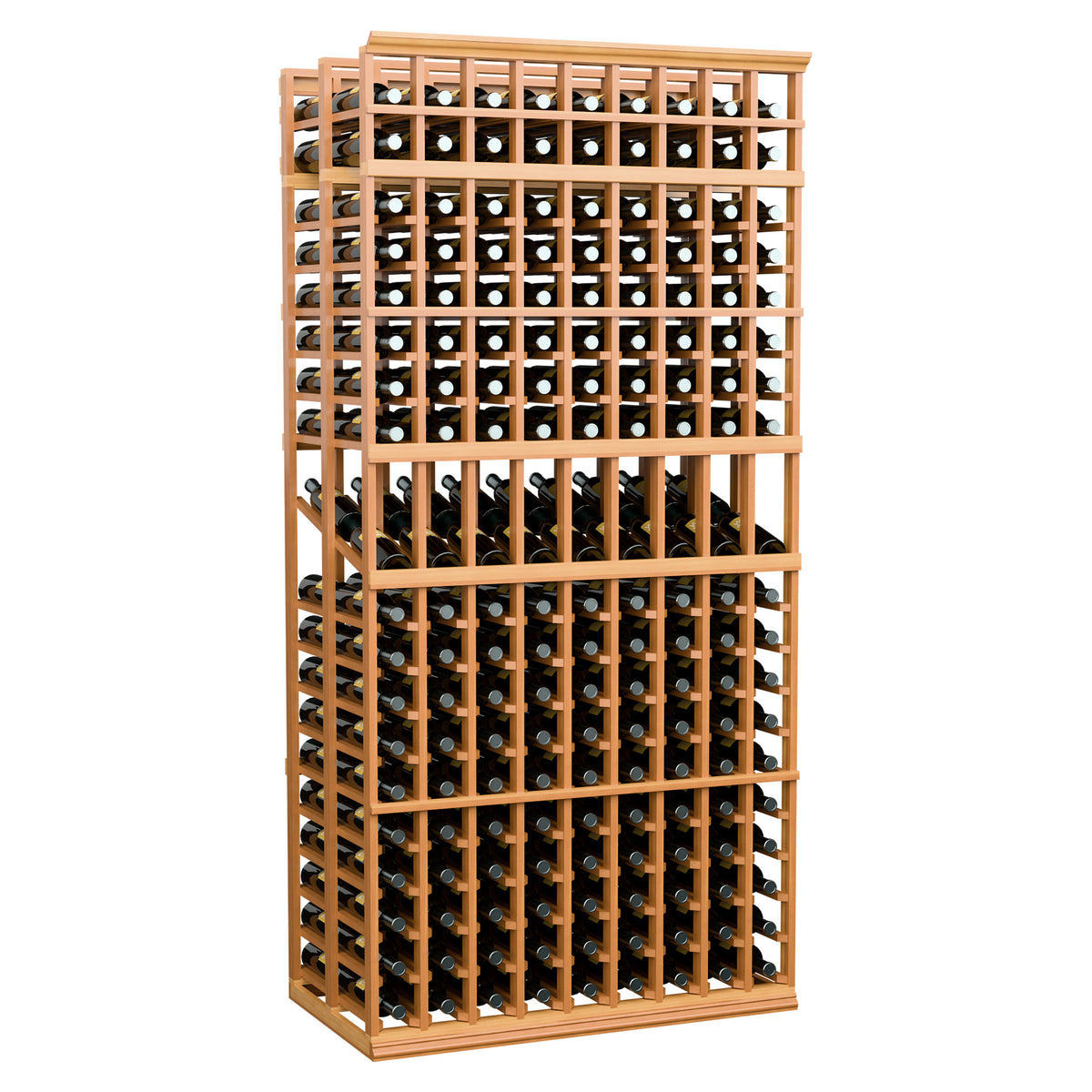 Warm wood double-deep bottle display rack, square-grid storage for bottle bottles