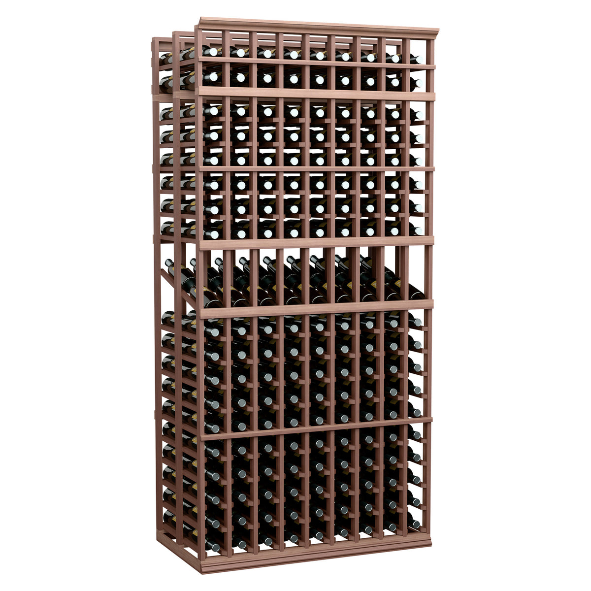 Dark brown double-deep bottle display rack with 9-column grid of bottle openings
