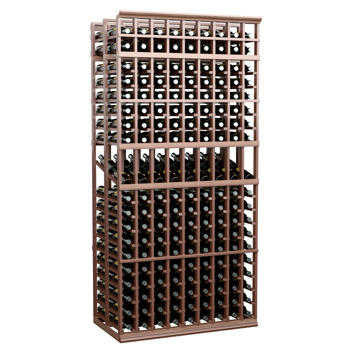 Dark wood double-deep bottle display rack with 9 columns of bottle cubbies