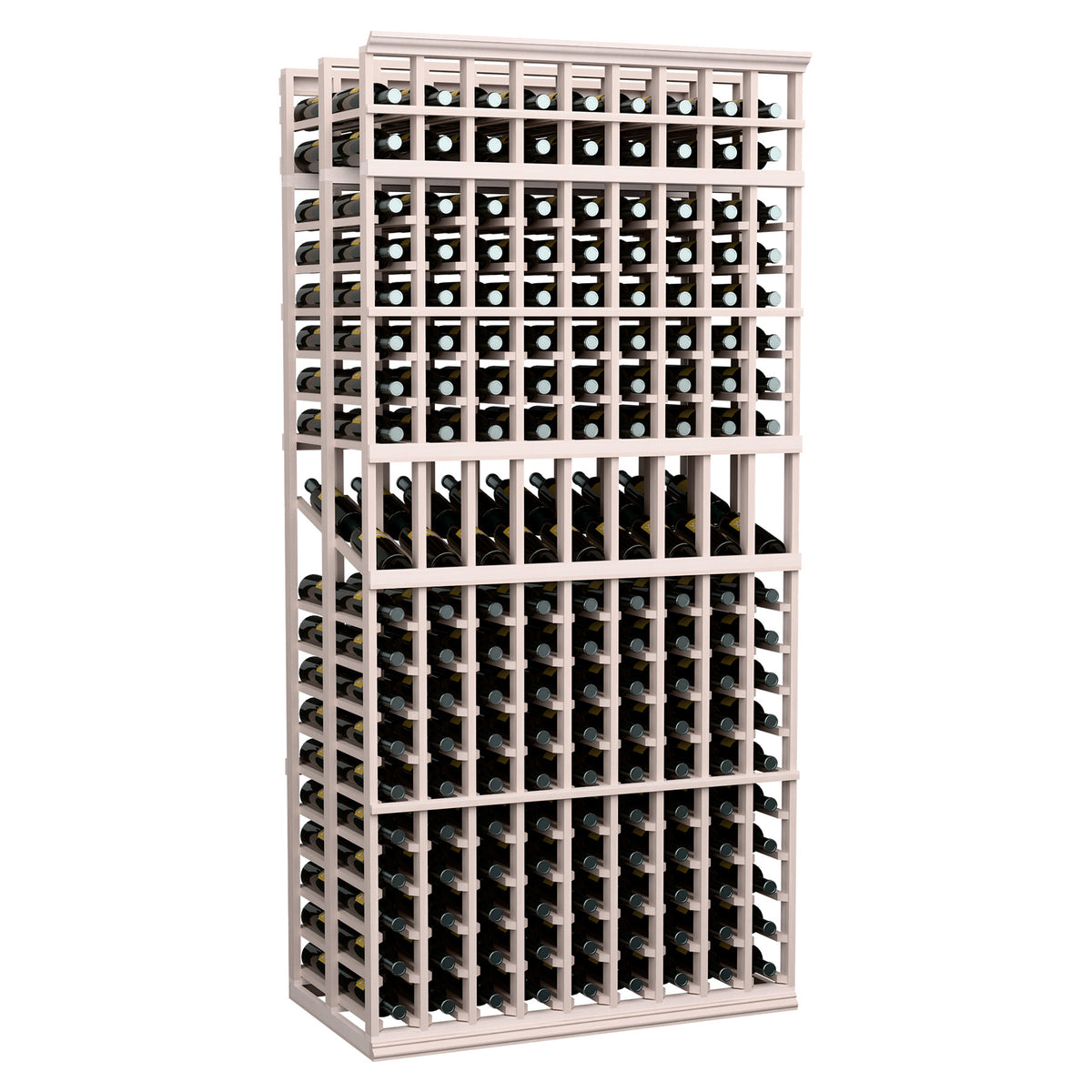 Whitewashed double-deep bottle display rack with 9-column grid of bottle openings