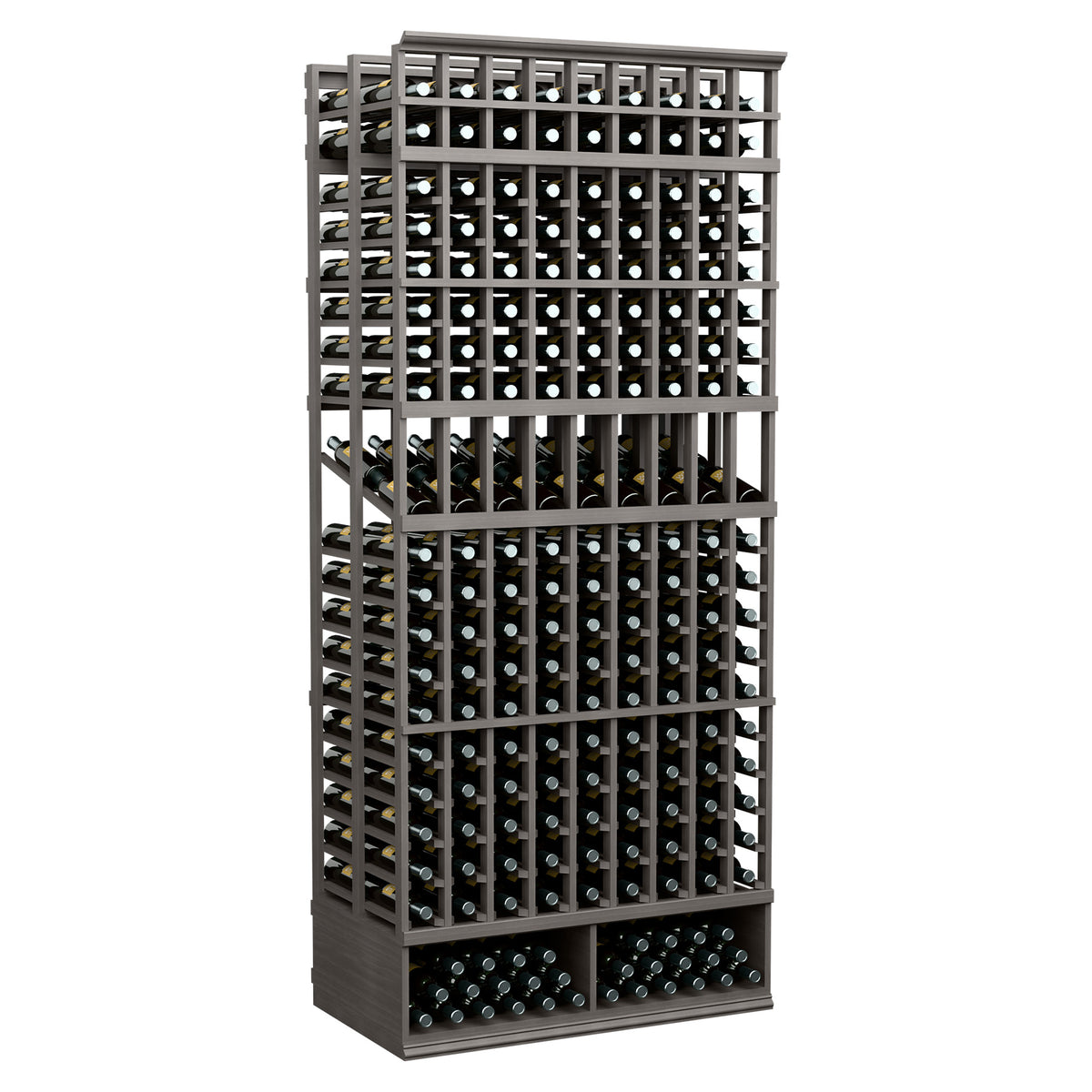 Dark gray wine display rack with multiple bottle slots and front loading base
