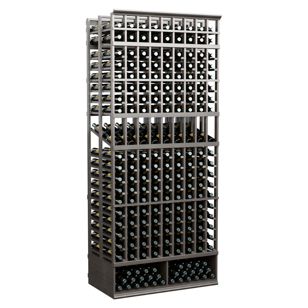 Dark gray wine display rack with dark bottle slots and front loading base