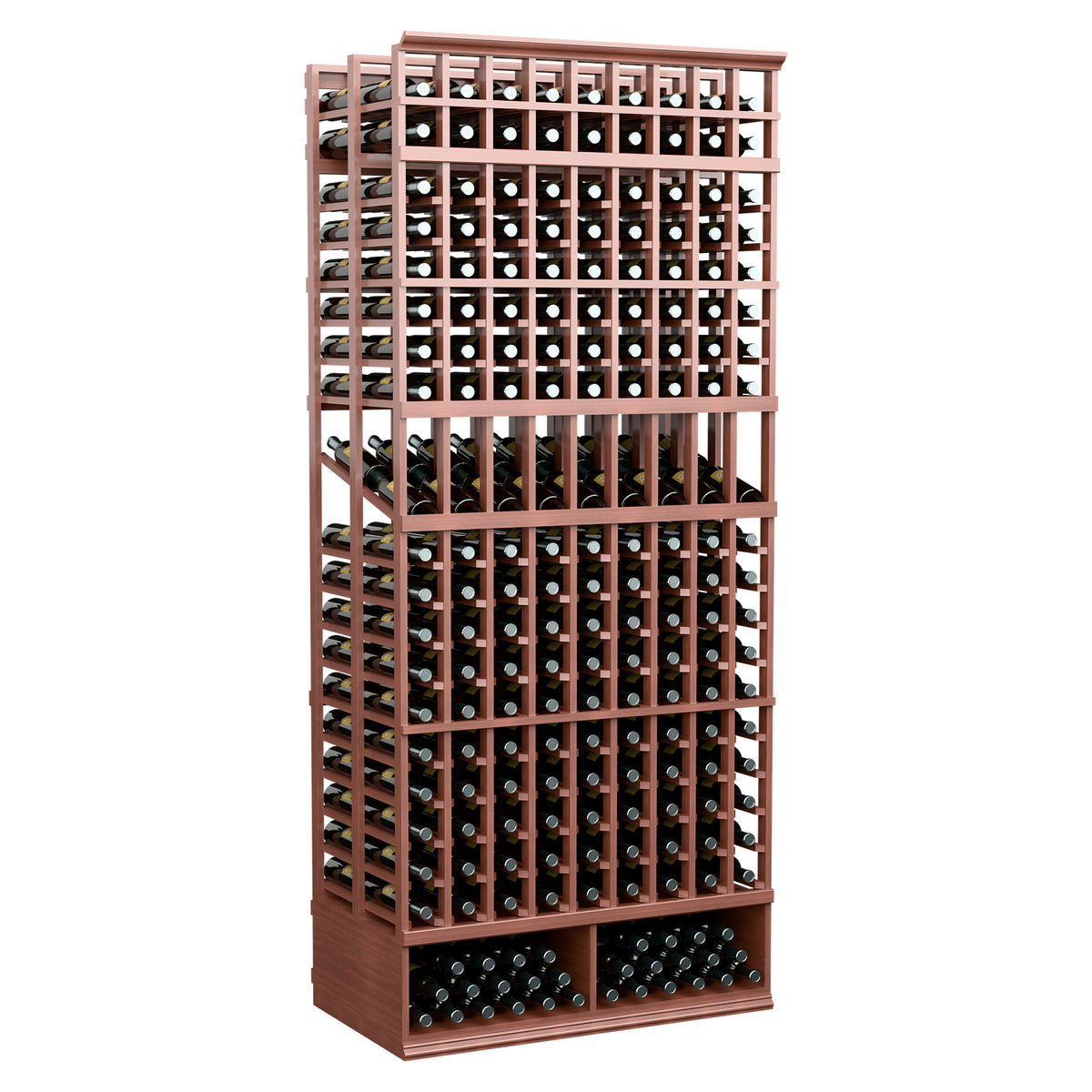 Wine bottle display rack with 9 columns, double deep, dark wood finish, angled front view