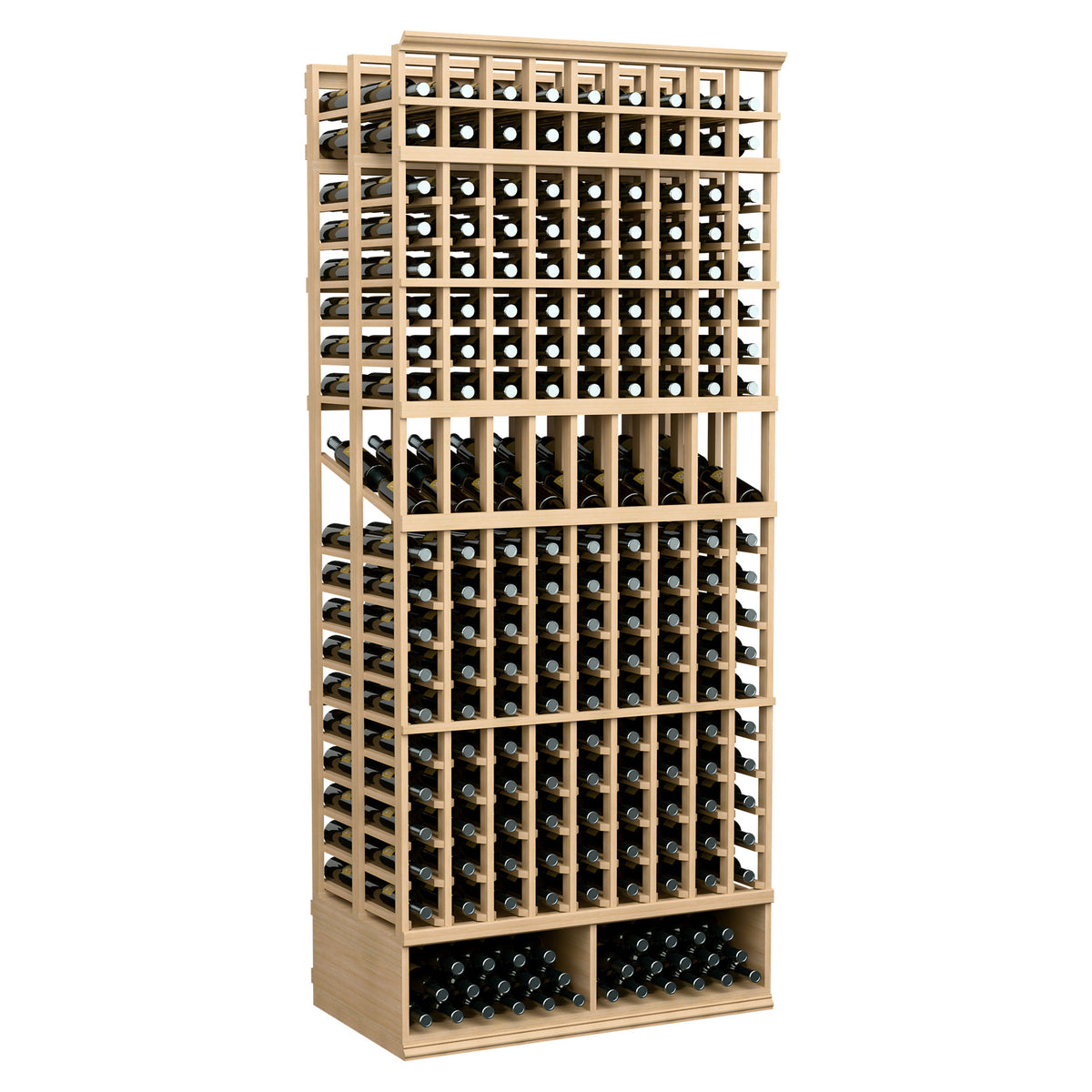 Wine bottle display rack with 9 columns, double deep, light wood finish, front view