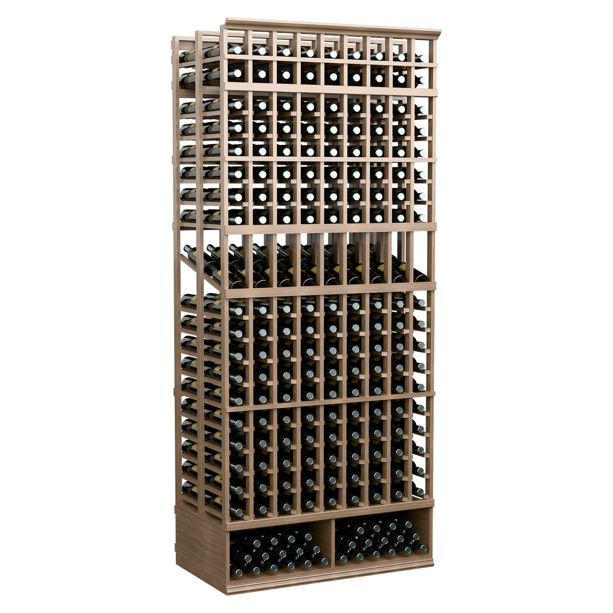 Wine bottle display rack with 9 columns, double deep, medium wood finish, angled front view