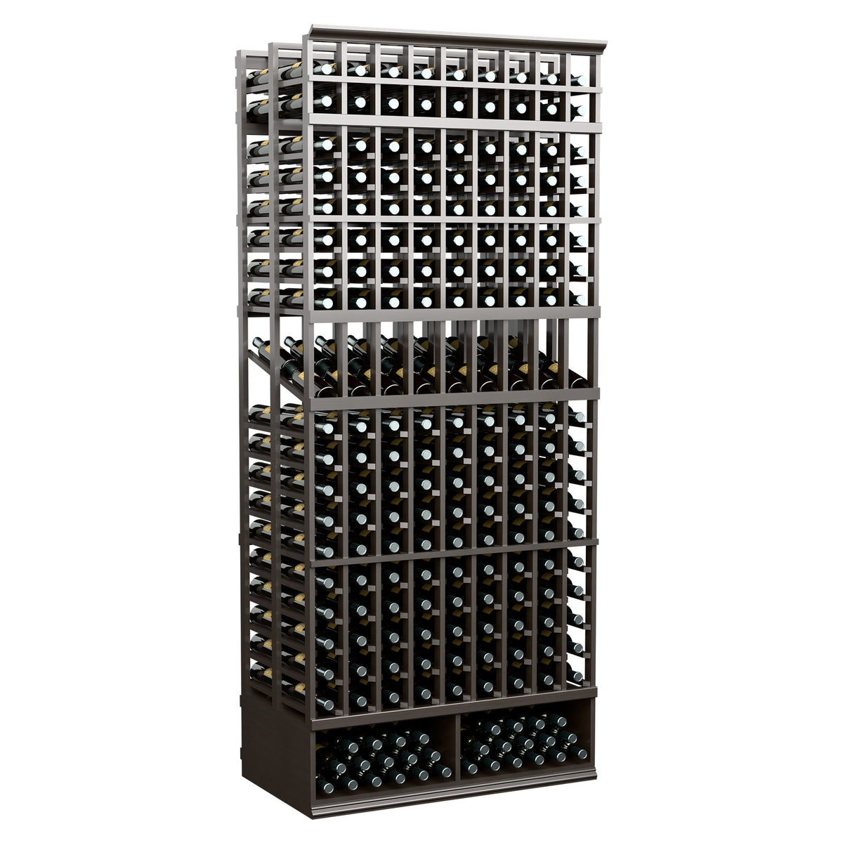 Wine bottle display rack with 9 columns, double deep, black finish, angled front view