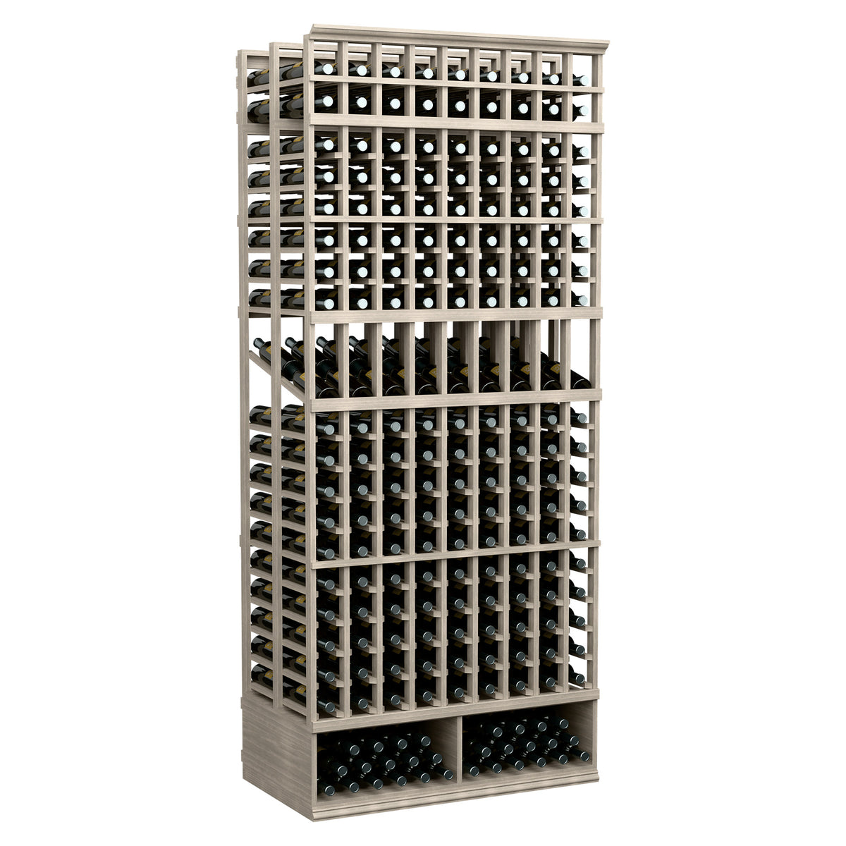 Wine bottle display rack with 9 columns, double deep, light grey finish, front view