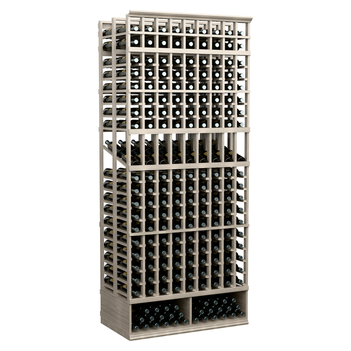 Wine bottle display rack with 9 columns, double deep, light grey finish, angled front view