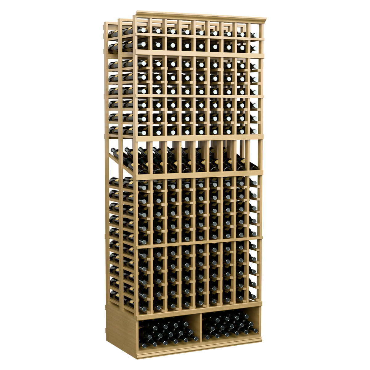 Light wood wine bottle display rack with 9 columns and double-deep bottle rows