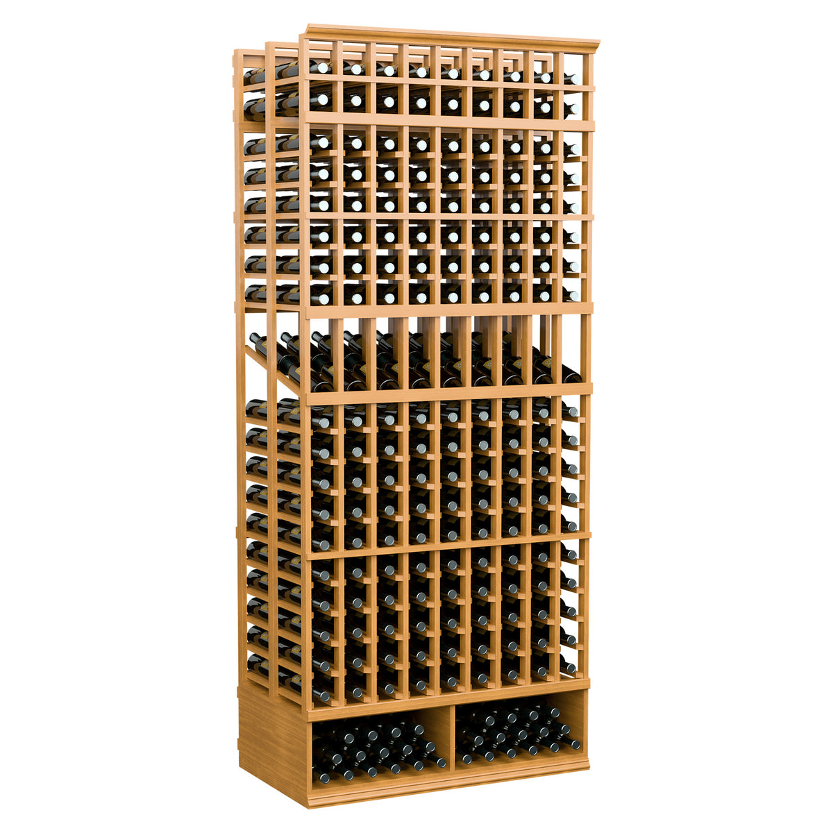 Light wood wine display rack with multiple bottle slots and front loading base