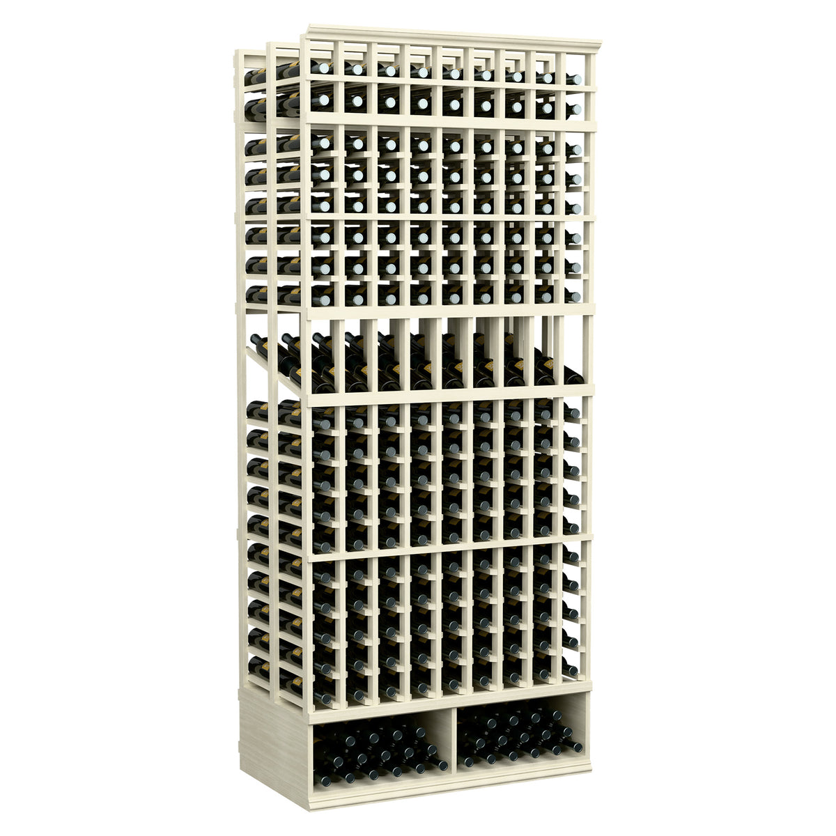 White wine display rack with multiple bottle slots and front loading base