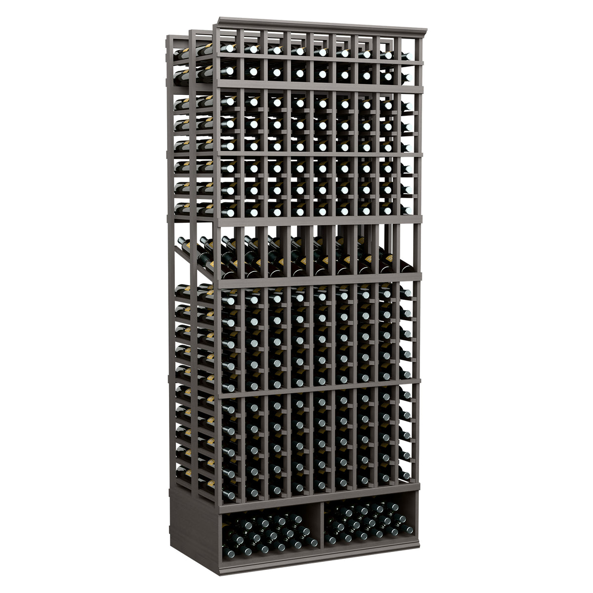 Dark gray wine display rack with multiple bottle slots and front loading base