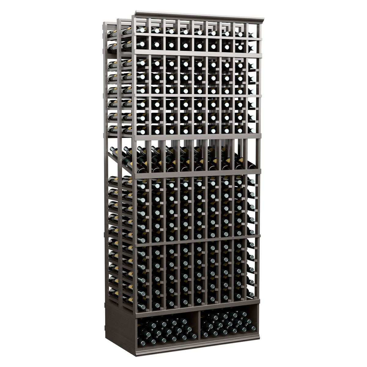 Dark gray wine display rack with dark wine bottle slots and front loading base