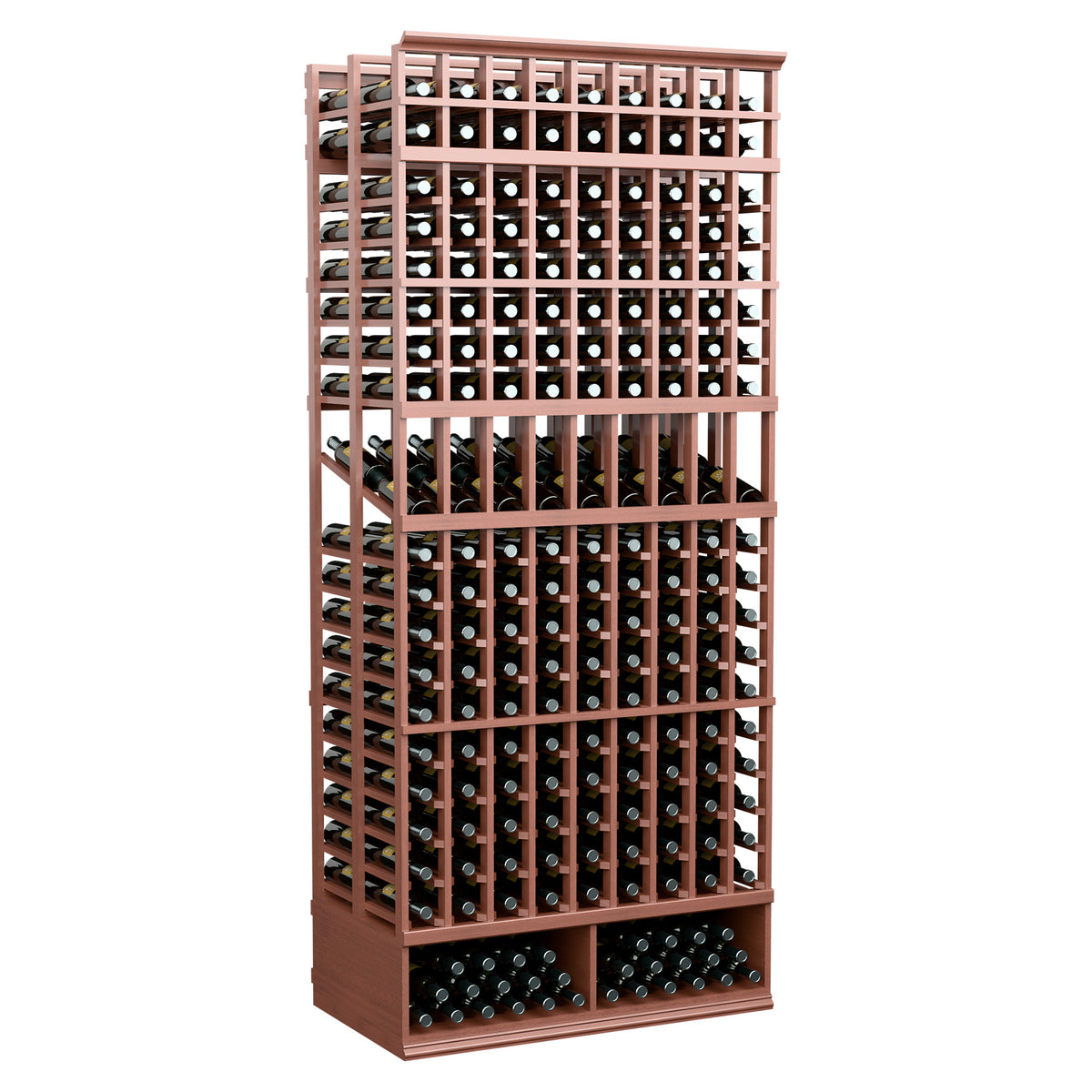 Medium brown wine display rack with dark bottle openings and front loading base