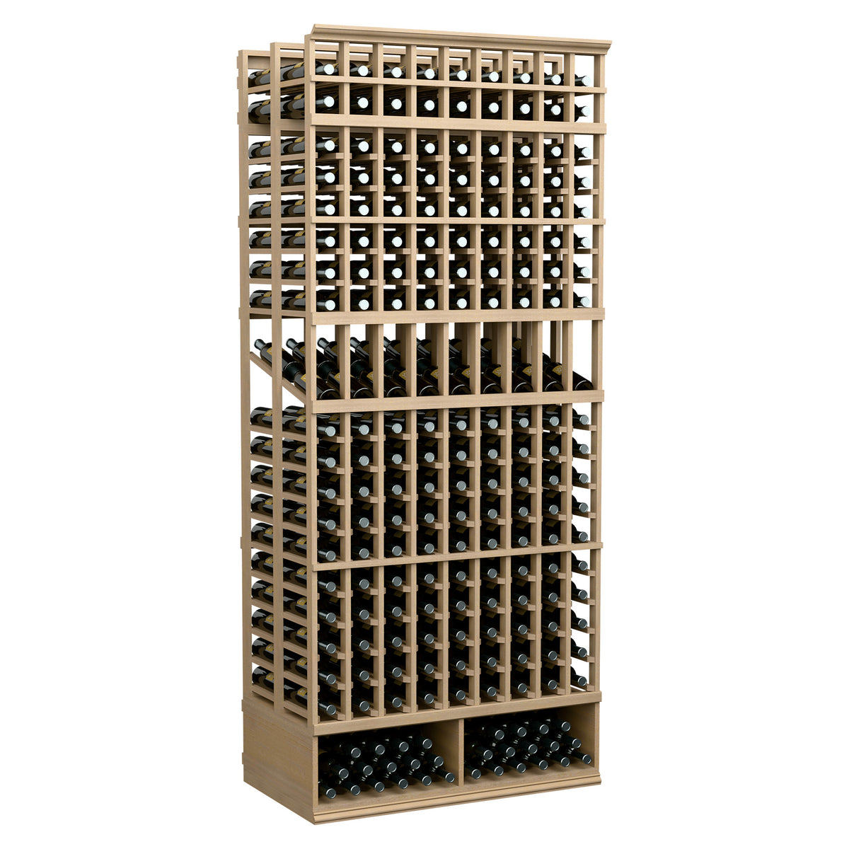 Light wood wine display rack with multiple bottle slots and front loading base
