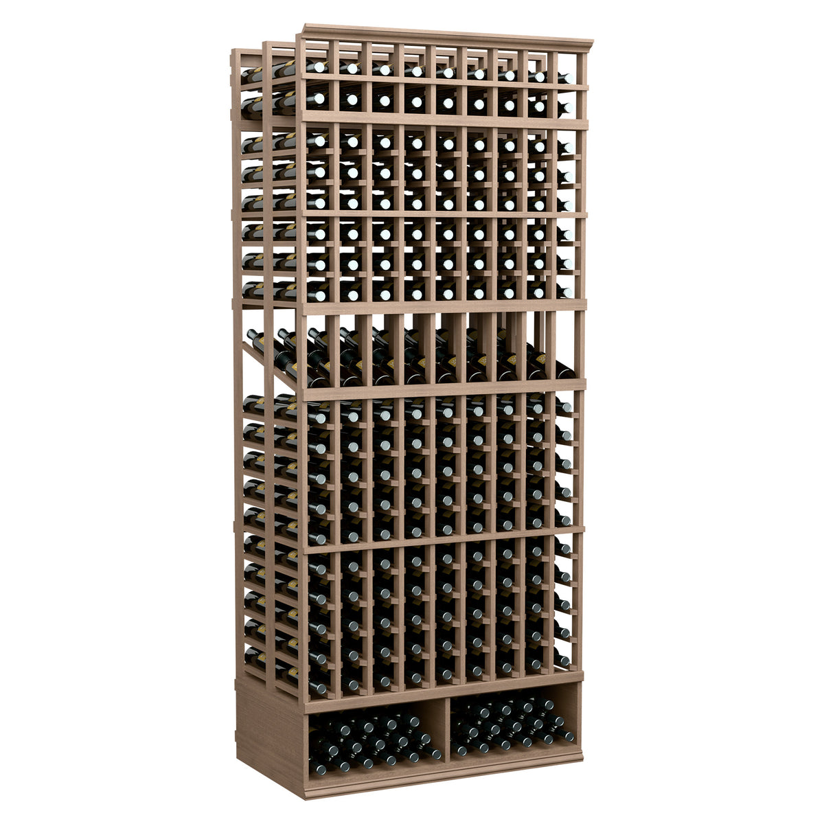 Medium brown wine bottle display rack with 9 columns and double-deep bottle rows