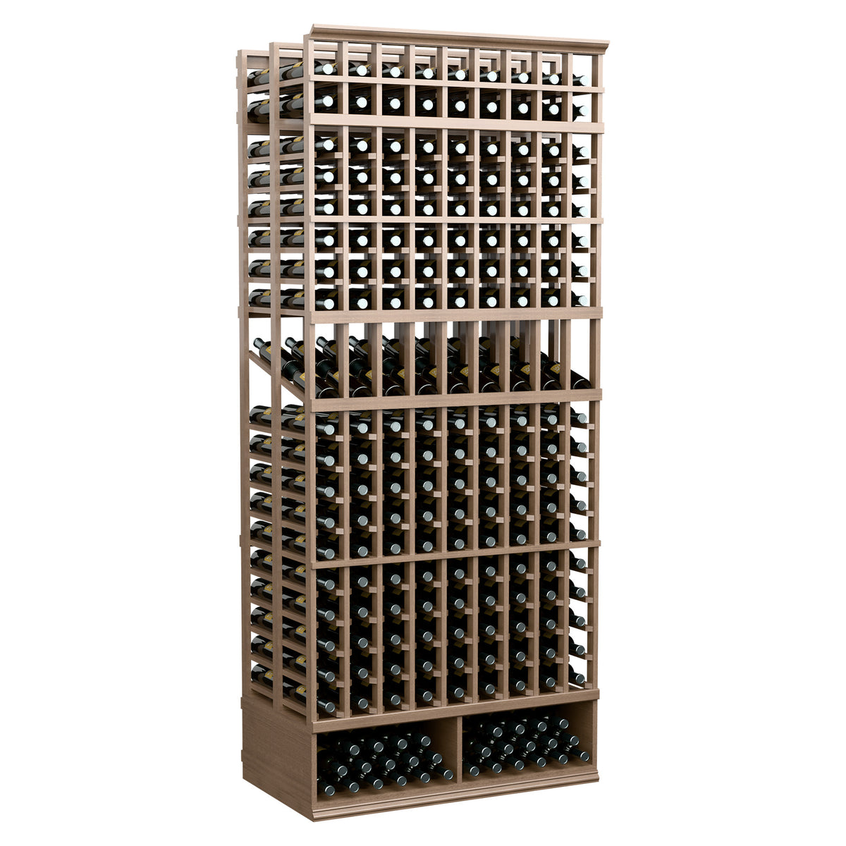 Medium brown wine bottle display rack with 9 columns and double-deep bottle rows