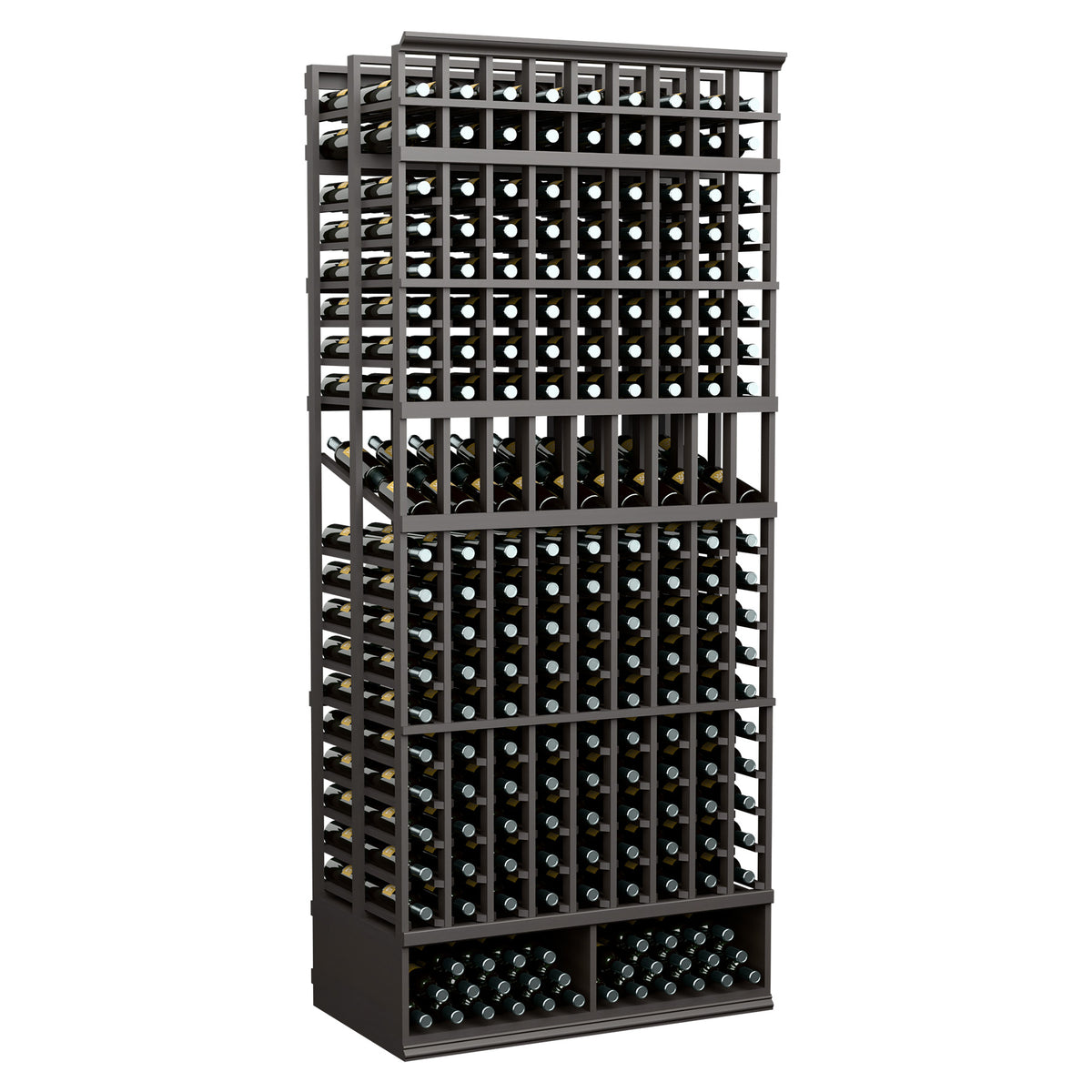 Black wine bottle display rack with 9 columns and double-deep bottle rows