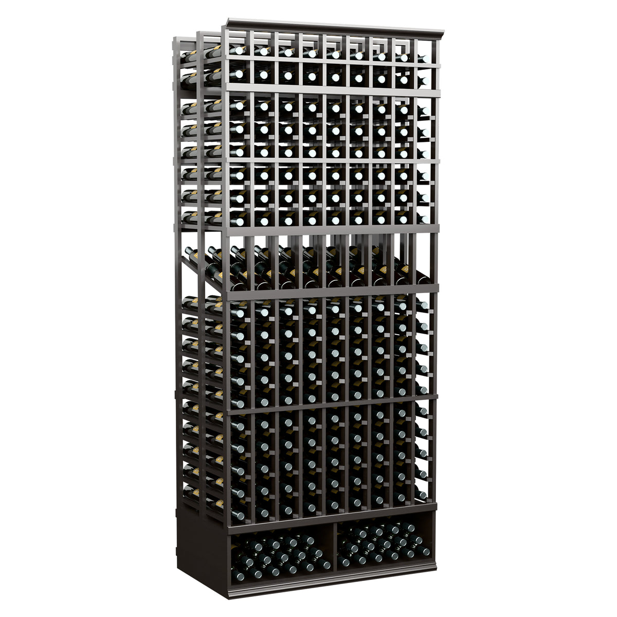 Black wine bottle display rack with 9 columns and double-deep bottle rows