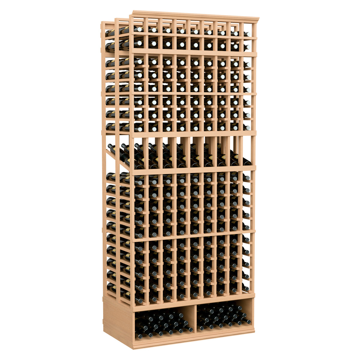 9-column double-deep wine display rack, light wood frame, bottle-cubby grid