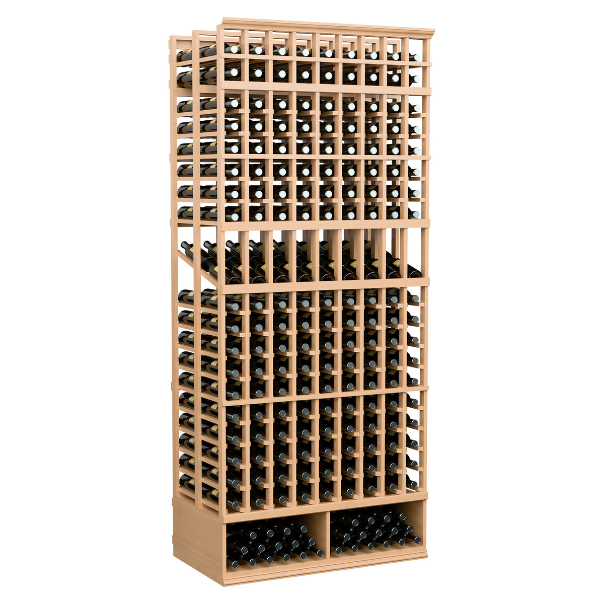 Double-deep wine rack with 9 columns, honey-toned wood, bottle slots