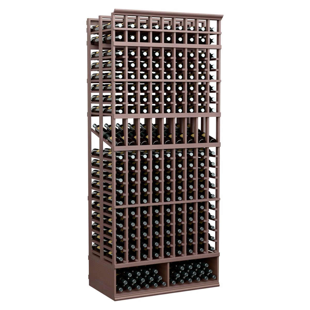 Double-deep wine display rack, dark brown frame, 9 columns of bottle holders