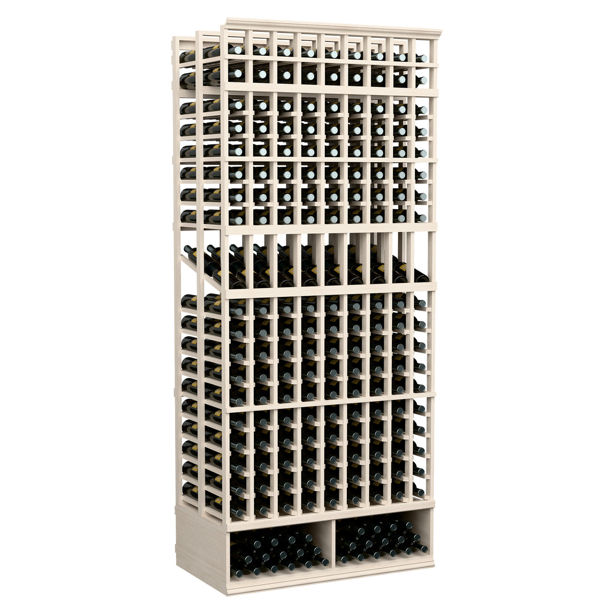 Double-deep wine display rack with 9 columns, white-washed frame, bottle slots