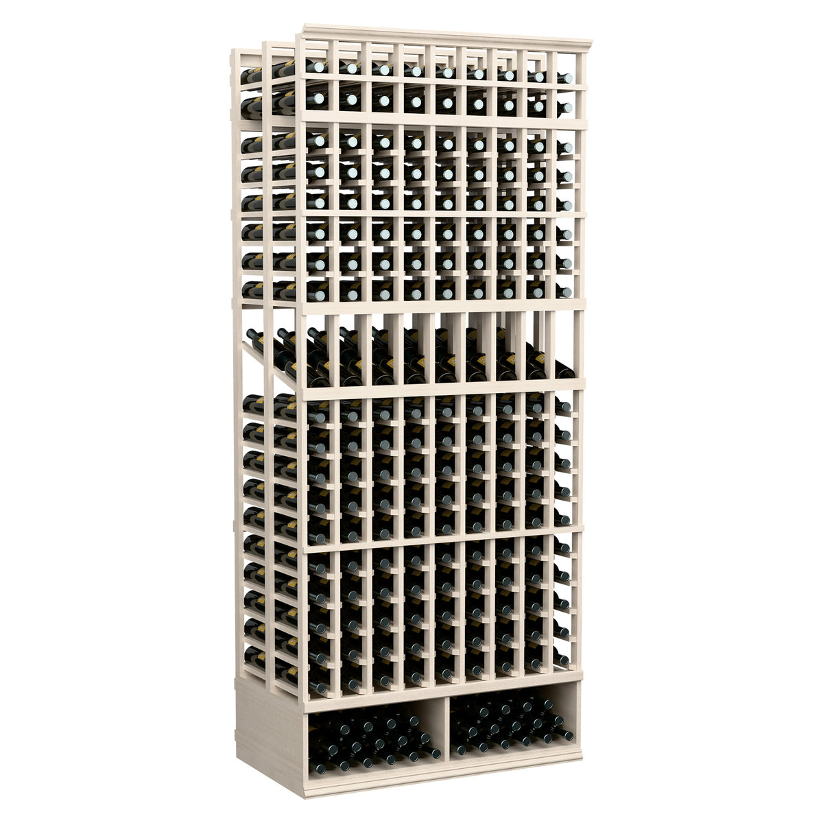 9-column double-deep wine rack, white-washed frame, front bottle storage openings