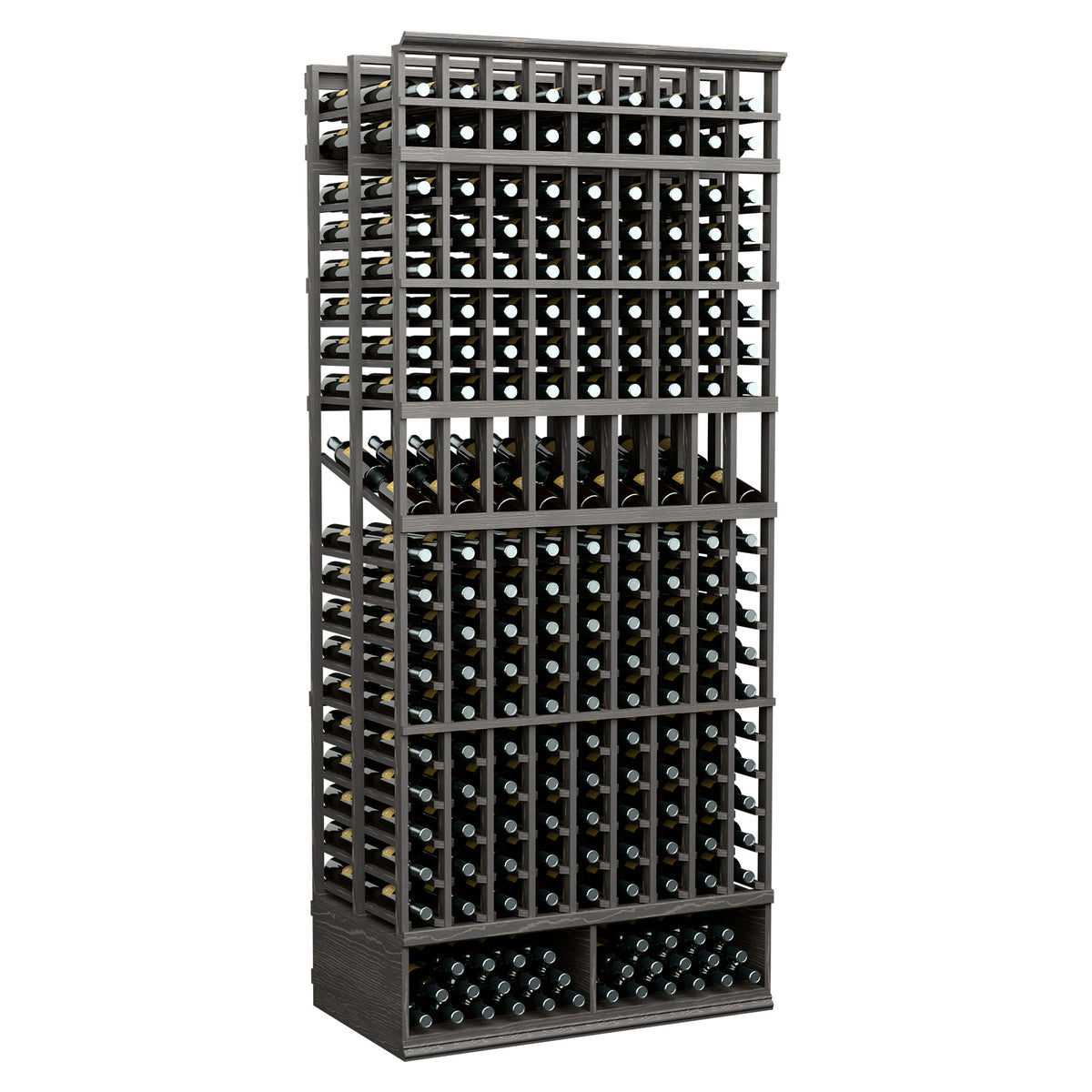 Black 9-column double deep wine bottle display rack with front bottle grid