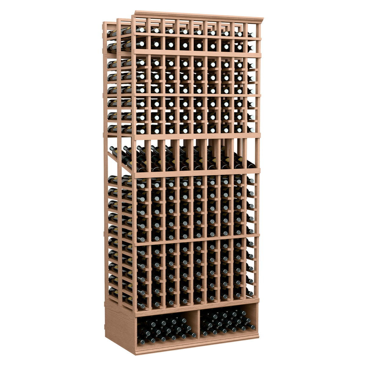 Light wood 9-column double deep wine bottle display rack with front bottle grid