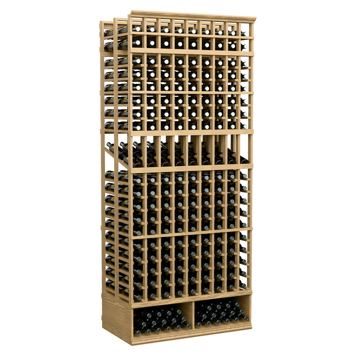 Pale wood 9-column double deep wine bottle display rack with open front grid