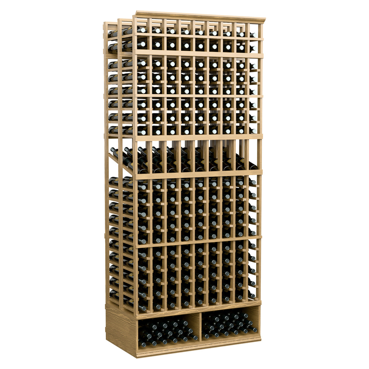 Light wood 9-column double deep wine bottle rack with front holders and base shelf