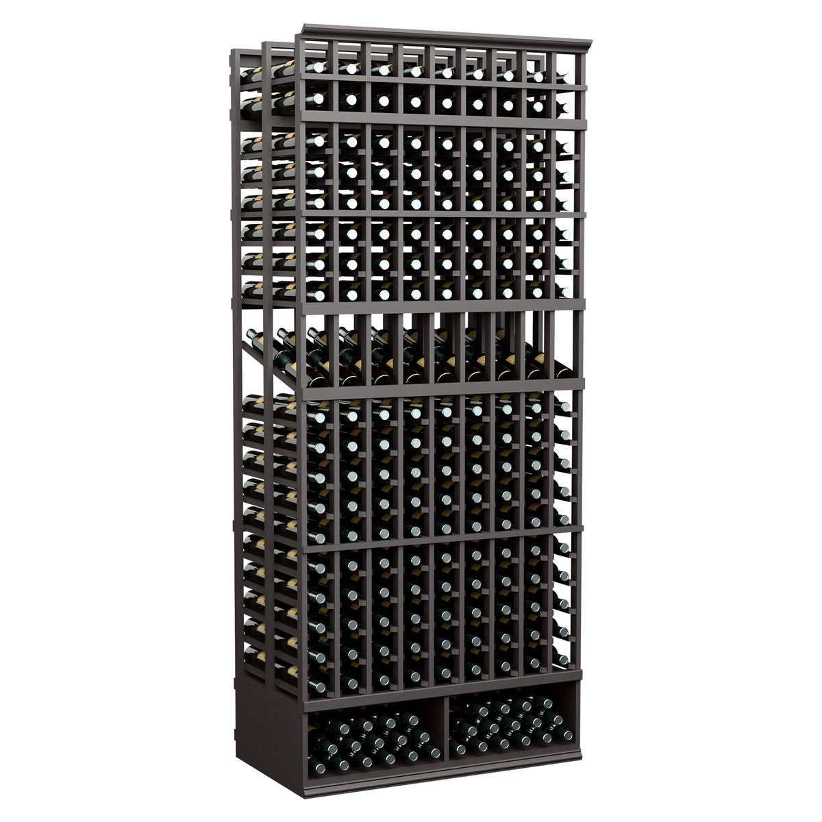 Black 9-column double deep wine bottle display rack with full front bottle slots