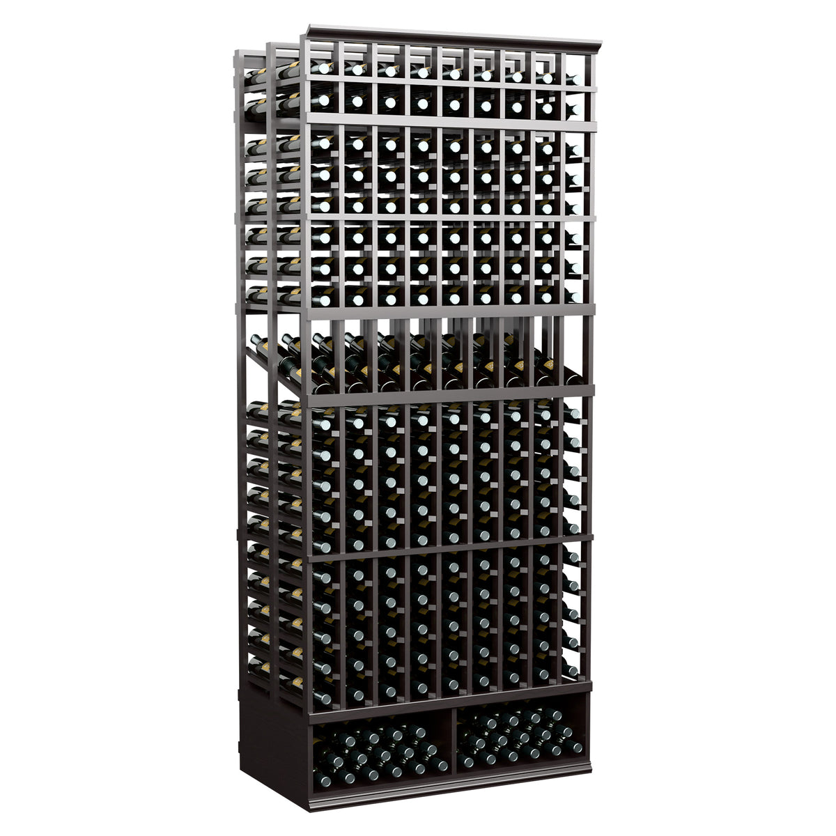 Black 9-column double deep wine bottle display rack with two-sided bottle storage grid