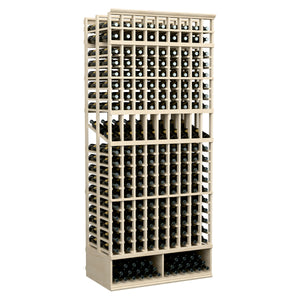 9-column double-deep wine display rack, light wood frame, front bottle grid