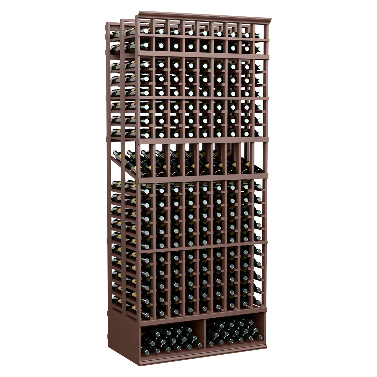 9-column double-deep wine display rack, dark wood frame with bottle slots