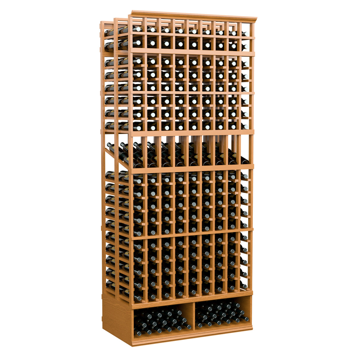 9-column double-deep wine display rack, warm wood frame and front bottle storage